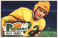 Grimes' Bowman trading card showing a stylized photo of him rushing a football in uniform