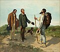 Gustave Courbet, 1854, Bonjour, Monsieur Courbet. The artist has travelled to the South of France (in the vanishing coach), to meet the collector Alfred Bruyas, for whom this was painted.[39]