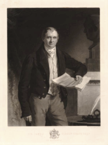 Standing mezzotint portrait of James Gibson-Craig in a tailcoat and cravat, with a paper in his hand