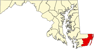 Map of Maryland highlighting Worcester County