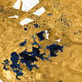 Image 4Lakes of liquid ethane and methane exist on the surface of Titan, Saturn's largest moon. This was confirmed by the Cassini–Huygens space probe, as had been suspected since the 1980s. (Full article…)