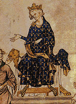 A Medieval image of Philip IV seated, wearing a blue robe decorated with fleurs de lys