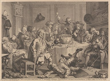 A Midnight Modern Conversation by William Hogarth, c. 1733; Figg may be the bald man lying on the floor in bottom-center.