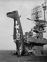 An F6F-5 Hellcat on Takanis Bay after a barrier crash