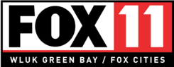 In a rectangle, a 3D-like image displays the Fox network logo in black, next to a red square with a white "11" within. Below it, "WLUK GREEN BAY / FOX CITIES" is displayed in white text set against a bright red background.