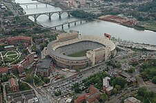 Pre-renovation aerial view, including part of UT campus, Henley Street Bridge, Gay Street Bridge, and the Tennessee River