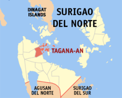 Map of Surigao del Norte with Tagana-an highlighted