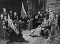 Painting by Georg Papperitz (1846-1918) shows Franz von Lenbach, Siegfried Wagner, Cosima Wagner, Mrs Materna, Richard Wagner, Hermann Levi, Hans Richter, Franz Liszt (at the piano) and others; painting of Ludwig II of Bavaria hanging at the wall