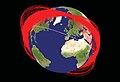 Simulation of Earth from space, with orbit planes in red