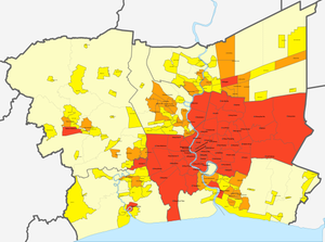 A map of the Bangkok Metropolitan Region. The red are city-level municipalities and Bangkok's 50 districts. The orange is the town-level municipalities. The yellow are township-level municipalities.