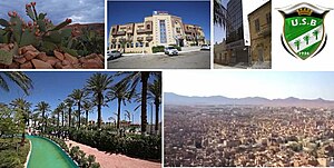 From left to right, and from top to bottom: A fig cactus from Mexico, Sidi Yahia Hotel (4 stars), A CNEP bank, The USB foot club, the Ziban garden park aqua, The Zabs mountains which surround the city.
