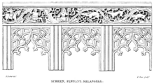 Black and white engraving of the rood screen by John Parker, showing the carving of Melangell, the hare, and the prince.