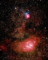Lagoon and Trifid Nebulae in a montage of two film exposures with an 8" Schmidt–Newton telescope, manually guided