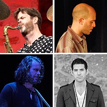 A collage of four photos of the musicians performing