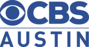 In blue, the CBS eye and the letters C B S above a line and the word Austin in a sans serif.