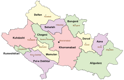 Location of Aligudarz County in Lorestan province (right, green)
