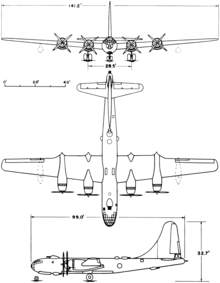 3-view line drawing of the Boeing B-50A Superfortress