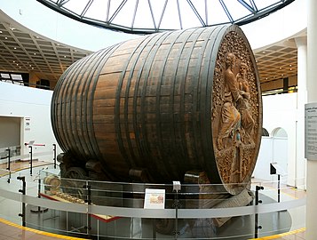A gigantic oak barrel with a capacity of 200,000 bottles of champagne was a feature of the Champagne Mercier exhibit at the food and wine pavilion.