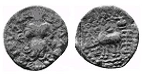 Coin of the Kunindas. Obv Shiva standing with battle-axe trident in right hand and leopard skin in left hand. Legend Bhagavato Chatreswara Mahatana. Rev Deer with symbols.