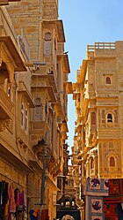 Narrow alleys of Jaisalmer fort. Intricate designs in Yellow sandstone