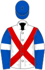 White, red cross belts, royal blue sleeves, white armlets, royal blue cap