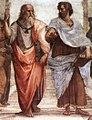 Image 13Plato (left) and Aristotle (right), a detail of The School of Athens, a fresco by Raphael. Aristotle gestures to the earth, representing his belief in knowledge through empirical observation and experience, while holding a copy of his Nicomachean Ethics in his hand, whilst Plato gestures to the heavens, representing his belief in The Forms.
