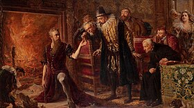 Jan Matejko's representation of Sendivogius and Sigismund practicing alchemy near a fireplace
