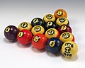 A box of 15 billiard balls specifically designed to commemorate the Bicentennial