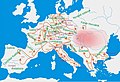 Image 31Hungarian campaigns across Europe in the 10th century. Between 899 and 970, according to contemporary sources, the researchers count 47 (38 to West and 9 to East) raids in different parts of Europe. From these campaigns only 8 were unsuccessful and the others ended with success. (from History of Hungary)
