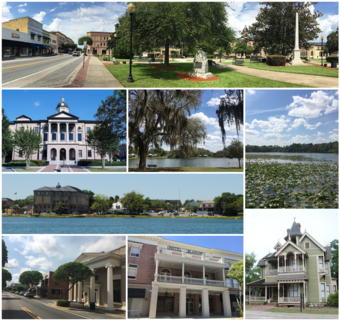 Top, left to right: Downtown Lake City, Columbia County Courthouse, Lake Isabella, Lake Montgomery, Lake DeSoto, 1912 Columbia County Bank building, Hotel Blanche, T. G. Henderson House