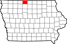 Image shows a map of Iowa highlighting the defunct Bancroft county.