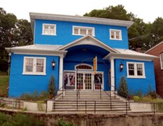 Painted bright blue, historic Roy's Hall is a highlight of Blairstown's Main Street.