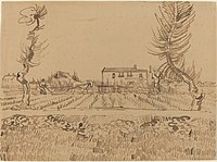 pen and ink drawing of a ploughman in a field near Arles, by Vincent Van Gogh