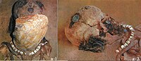 Burial at Zhoujiadi cemetery (with and without mussel mask), an ancestor of the Donghu clan, Upper Xiajiadian culture (1000-600 BCE).[24]