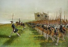 Painting of Prussian infantry marching in ranks across a field