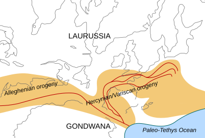 Location of the Alleghanian mountain chains in the Carboniferous period, just before the Permian