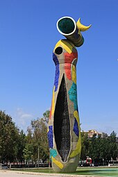 Dona i Ocell, by Joan Miró, 1983, glazed tile mosaic, Barcelona, Spain[54]