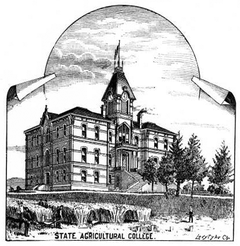 Monochrome etching of building from era shortly after completion