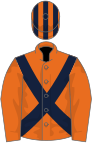 Orange, dark blue cross-belts, orange sleeves, orange cap, dark blue striped