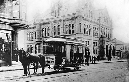 Horse-drawn streetcar in front of the Los Angeles post office on Main Street, circa 1892