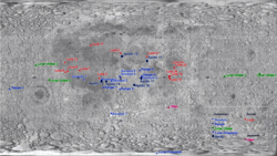 ☎∈ Locations of large artificial objects on the Moon superimposed on data from the Clementine (spacecraft) mission in [[equirectangular projection.