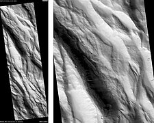 Acheron Fossae, as seen by HiRISE. Scale bar is 1000 meters long. Click on image to see dark slope streaks.