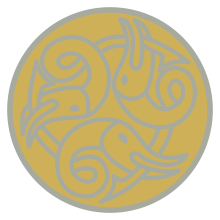 A circular design with yellow background showing three dolphin-like creatures, outlined in silver, each biting the tail of the one ahead of it