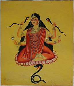 Manasa with Snakes, Kalighat School. The eyes of the figures are disengaging.