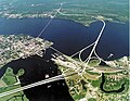 Aerial photograph of the confluence of the Trent and Neuse Rivers. East is up. The city of New Bern is on the left. The unincorporated community of James City is to the lower right. The Trent flows from the bottom center of the picture.