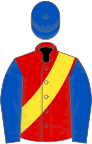 Red, yellow sash, royal blue sleeves and cap