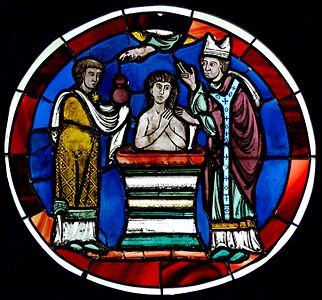 Detail of a stained-glass window depicting a baptism (late 12th century) (Musée de Cluny)