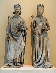 Gothic - Statues of Charles V and Joanna of Bourbon, probably from the east facade of the Louvre Castle, 14th century, stone with traces of polychrome[28]
