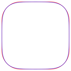 ☎∈ A squircle (blue) compared with a rounded square (red). A squircle is a mathematical curve defined by the equation x4+y4=r4, while a rounded square is four 90° circular arcs of the same radius connected by tangent straight lines. In this construction, the two curves are arranged to coincide at angles which are multiples of 45° (i.e. 0°, 45°, 90°, 135° etc.).