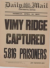 front page of the Daily Mail newspaper. The text" Vimy Rdige Captured 5,816 Prisoners" consumes the entire page in bold text